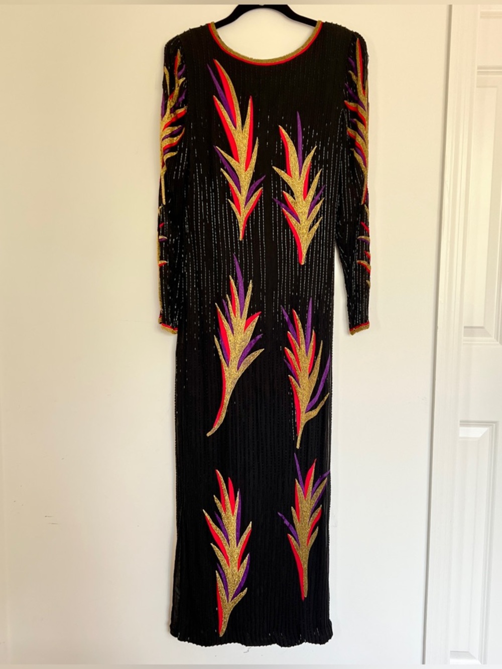 VTG 70s Heavily embellished studio54 silk gown couture beadwork metal side zip S